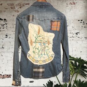 Upcycled snap up vintage embroidered bird patched denim jean shirt